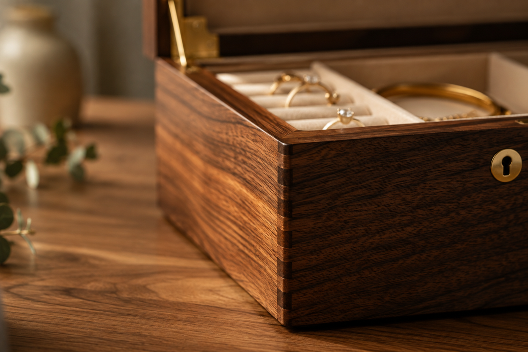 Détail du veinage et des finitions d'une boîte à bijoux en bois