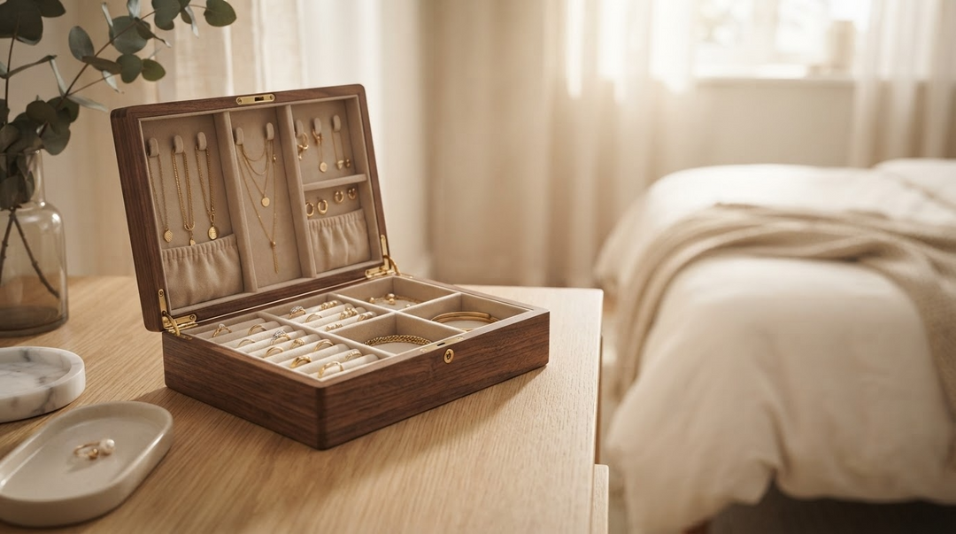 Boîte à bijoux en bois de noyer ouverte sur une coiffeuse élégante avec compartiments pour colliers, bagues et boucles d'oreilles.