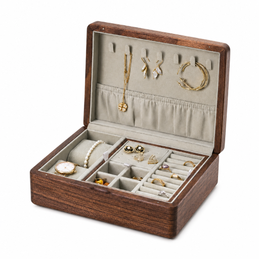 Boîte à bijoux en bois VanyVenza ouverte sur fond blanc avec compartiments, porte-bagues et rangements pour colliers.