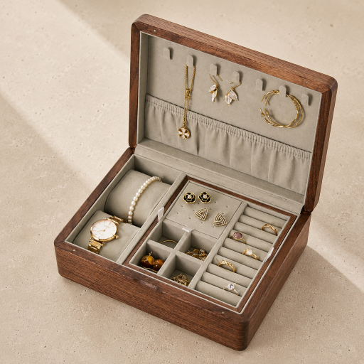 Boîte à bijoux en bois VanyVenza ouverte avec compartiments de rangement et intérieur en velours beige.