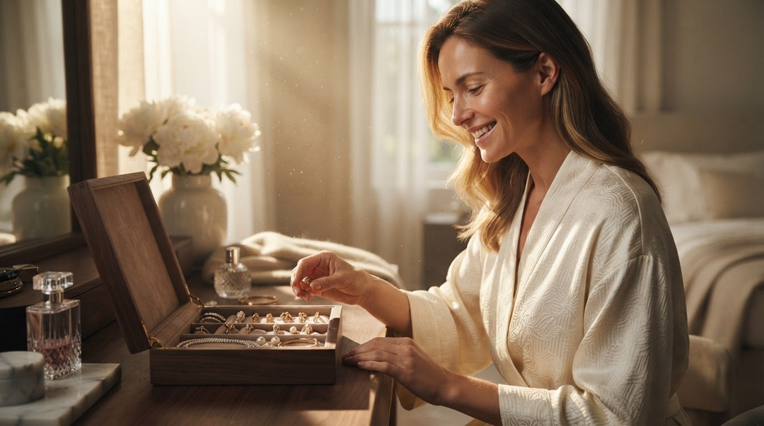 Femme choisissant un bijou dans une boîte à bijoux en bois de noyer dans une chambre lumineuse au style premium.