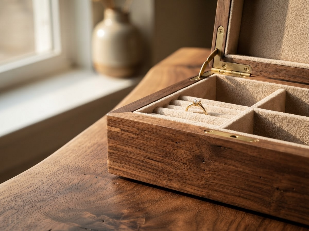 Gros plan d'une boîte à bijoux en bois de noyer mettant en valeur le veinage naturel, les finitions premium et l'intérieur en velours.