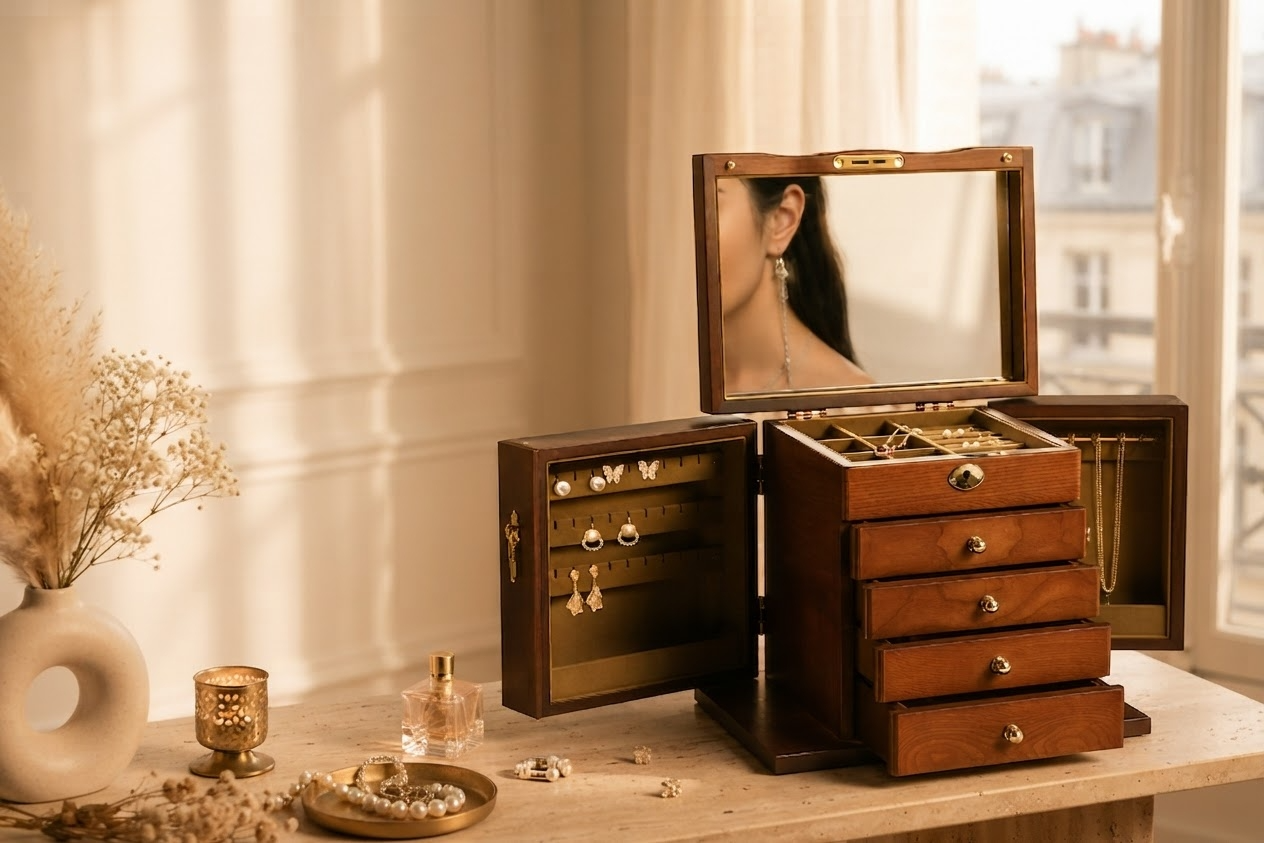 Boîte à bijoux en bois de noyer VanyVenza avec miroir, tiroirs et rangements élégants, mise en scène dans une chambre lumineuse.