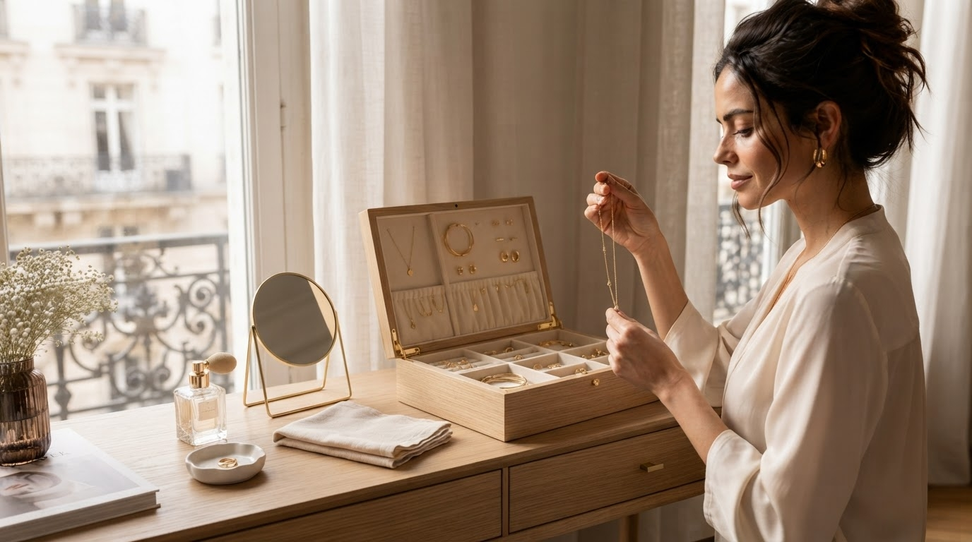 Femme organisant un collier dans une boîte à bijoux en bois de noyer sur une coiffeuse élégante baignée de lumière naturelle.