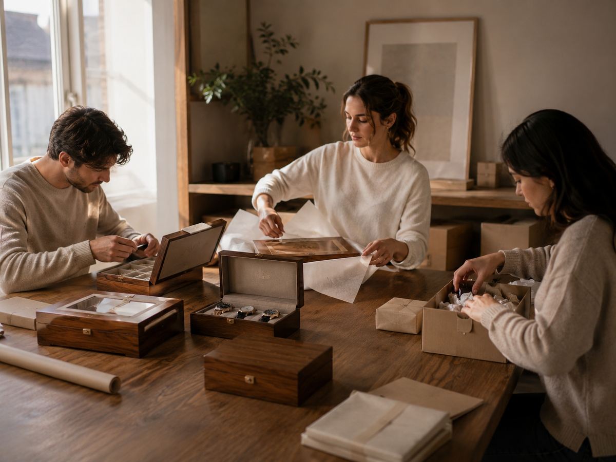 Personne sélectionnant et préparant des rangements pour bijoux et montres
